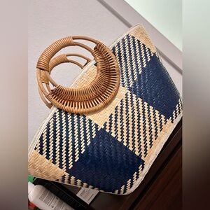 Bamboo Women Straw Hand-woven Top-handle Handbag (Blue)